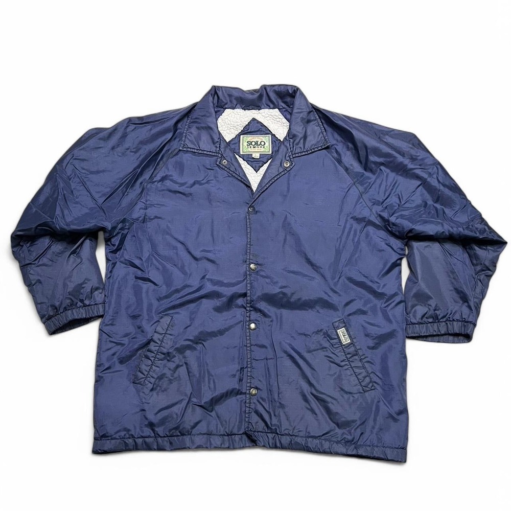 Solo Semore Coaches Jacket Mens L Blue Sherpa Lined Nylon Snap‎ Front Vintage